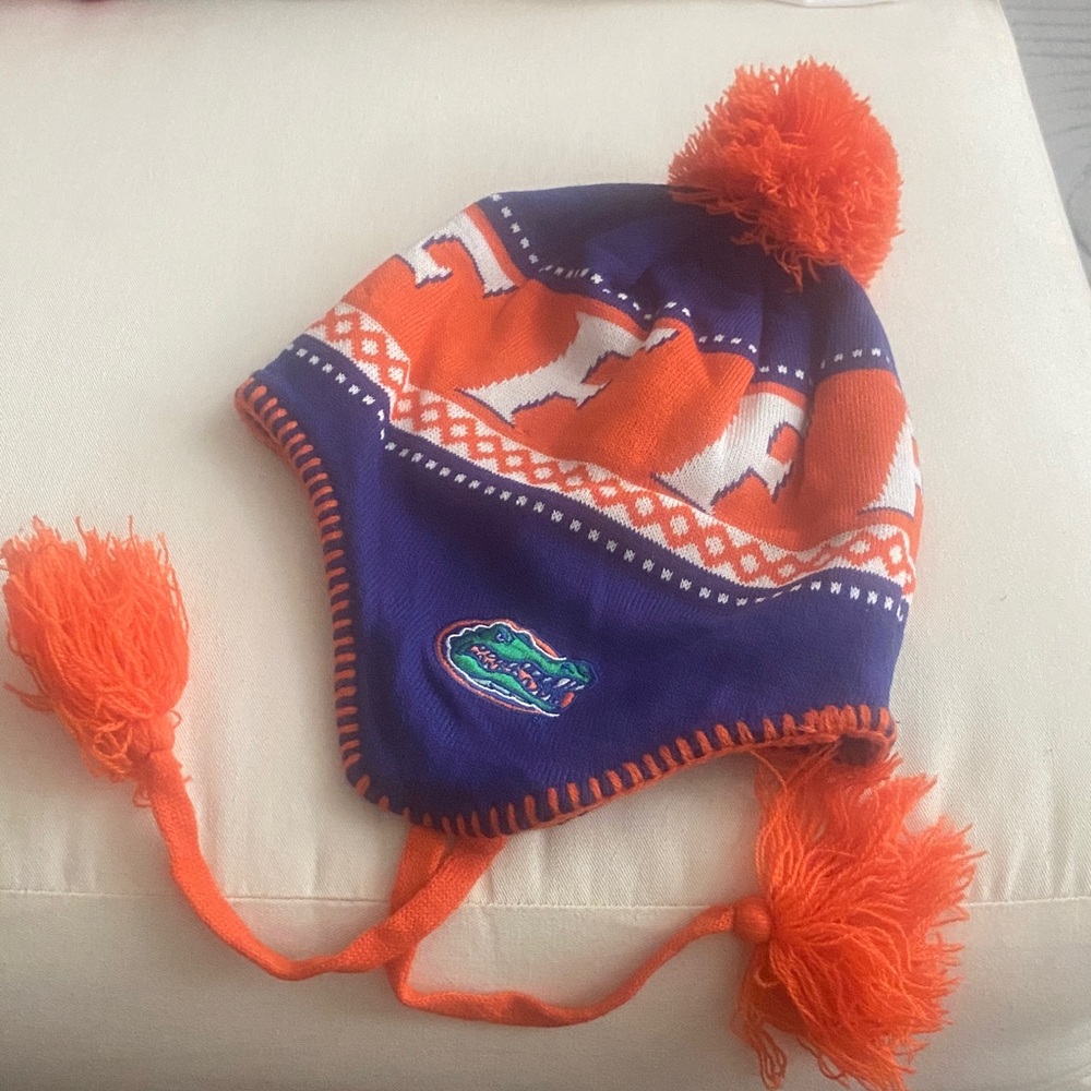 Blue and Orange Pom Pom Beanie
